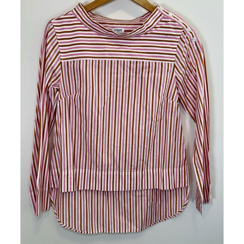 J. Crew Striped Popover Top 2 Pink Brown White Button Shoulder High Low Blouse